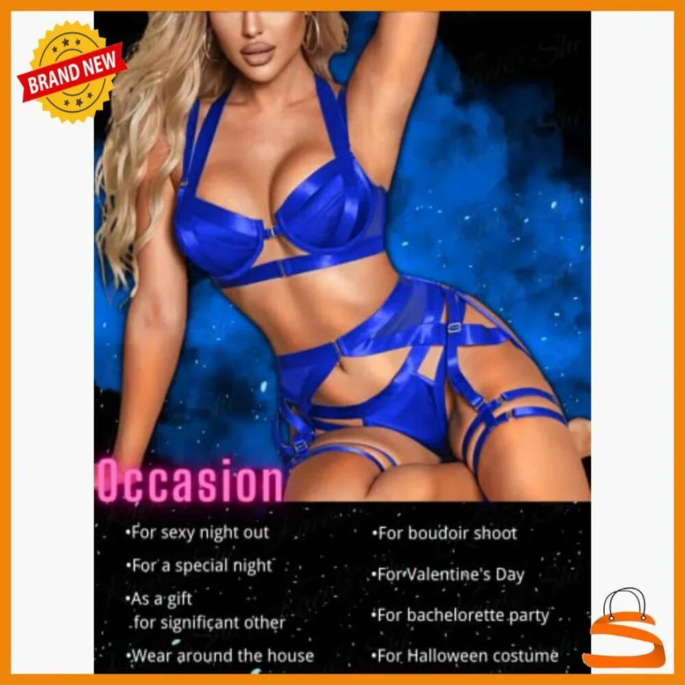 Adjustable Strappy Harness Lingerie Set, Underwire Racerback, 4pc Garter